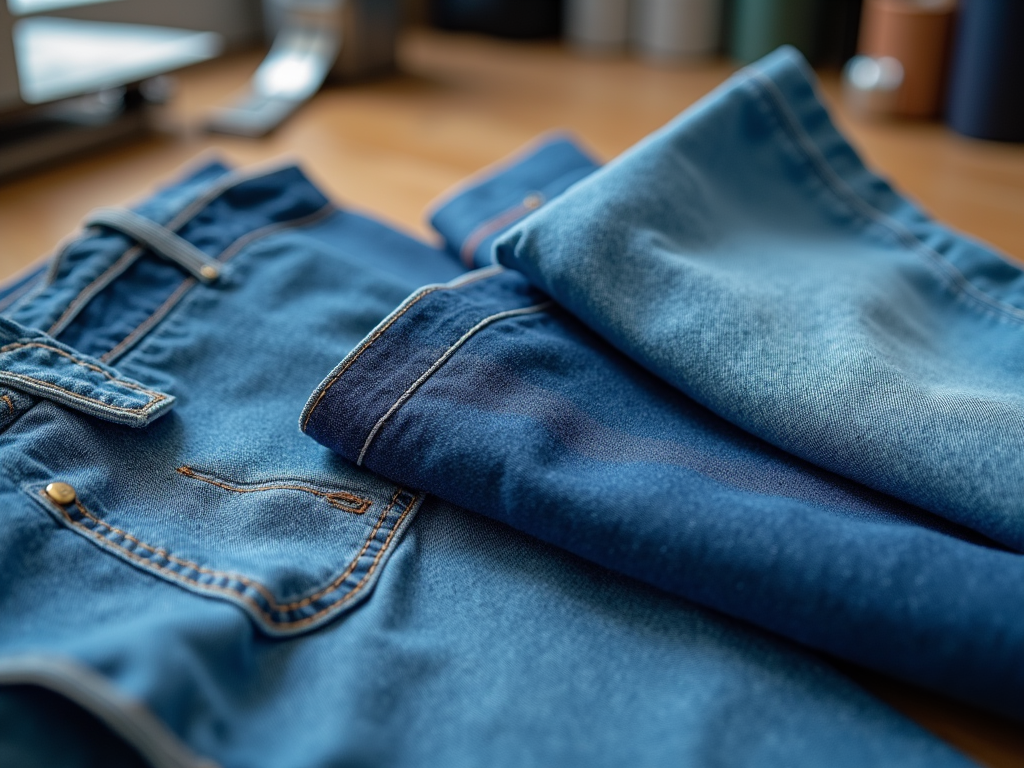 Close-up of folded denim jeans showcasing texture and stitching details.