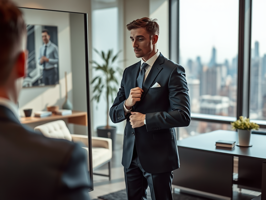 A man in a suit adjusts his jacket while looking in a mirror, with a city skyline visible through the window.