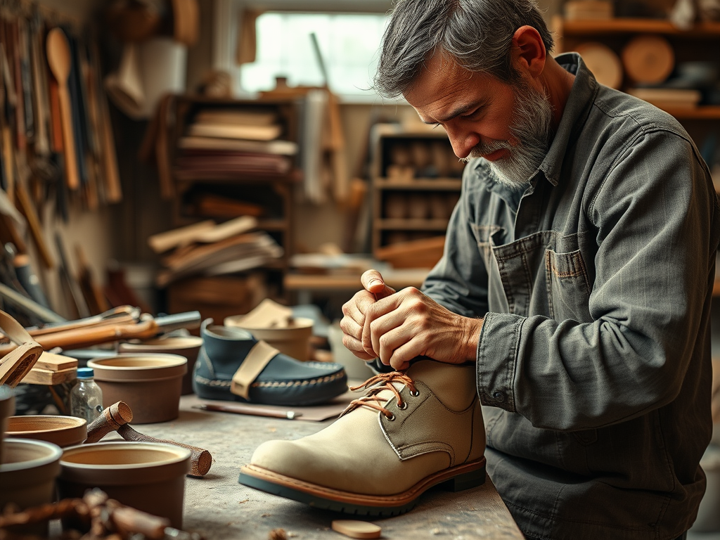 A skilled shoemaker carefully ties laces on a beige boot in a well-equipped workshop surrounded by tools and materials.