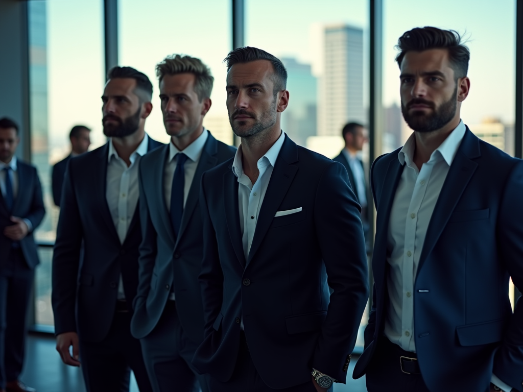 Group of businessmen in suits standing confidently in a modern office with cityscape in the background.