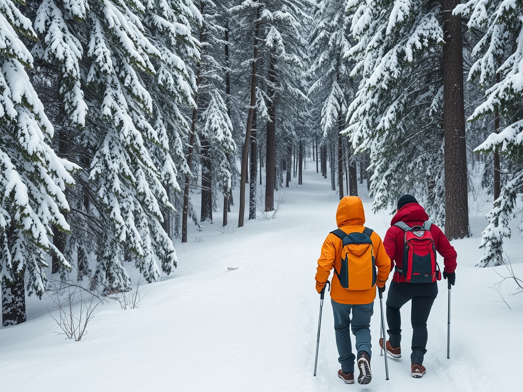 Two hikers trek through a snowy forest, surrounded by tall trees blanketed in snow.