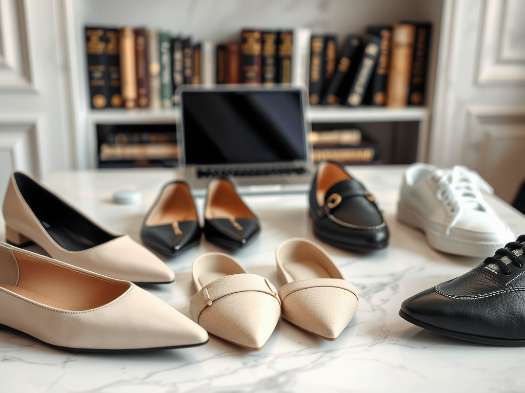 A variety of stylish shoes arranged on a marble table, with a laptop and books in the background.