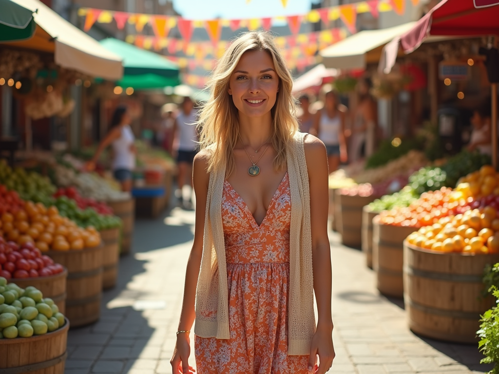 Young woman in a floral dress smiling at a sunny market street with fruit stalls and festive flags.