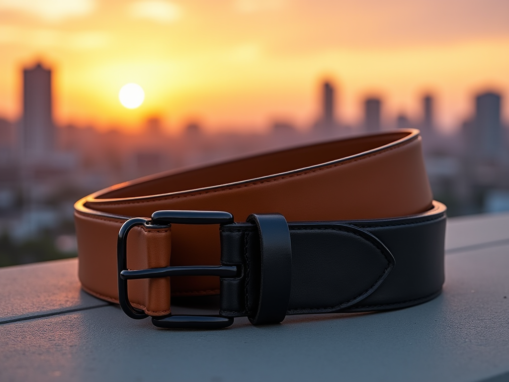 A brown leather belt coiled on a ledge against a city skyline at sunset.