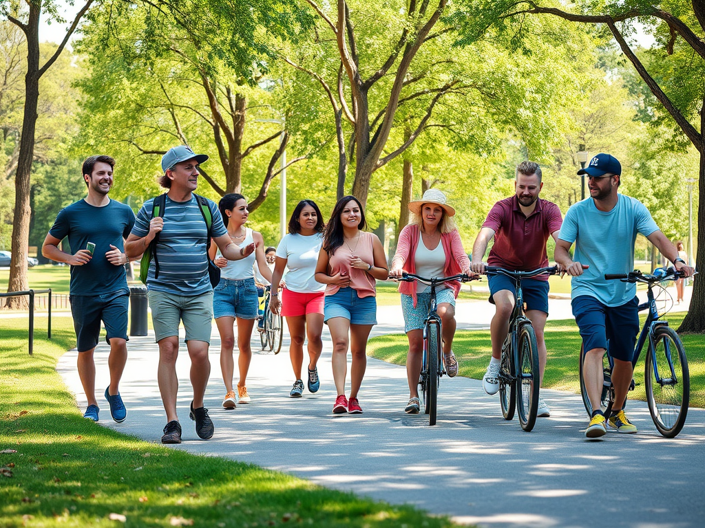 A group of people walking and biking together in a sunny park, surrounded by green trees and a pathway.