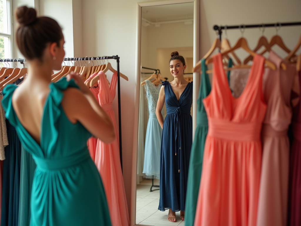 Woman in a blue dress smiles at her reflection in a mirror in a boutique with colorful dresses.