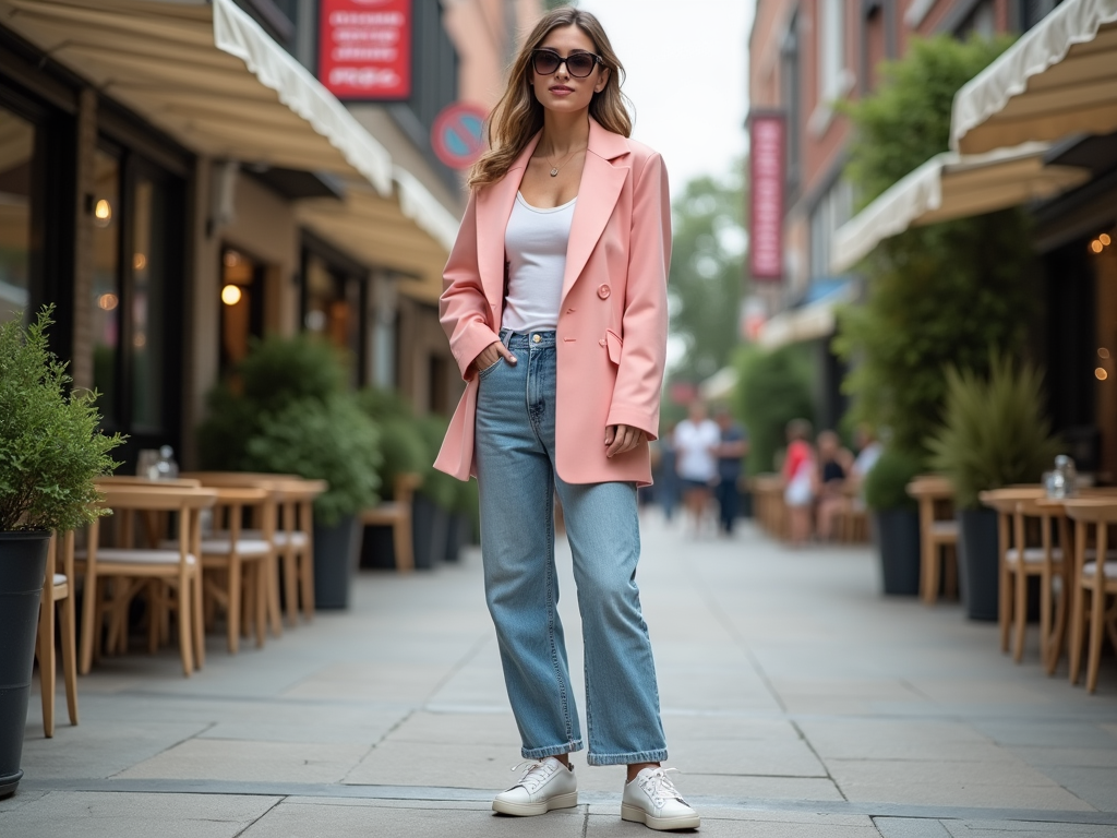 Woman in pink blazer, white top, and jeans standing on a city street.