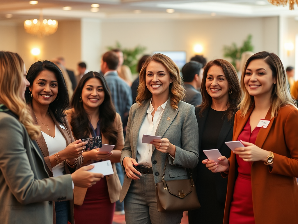 A group of six women smiling and chatting, holding cards at a networking event in a bright, elegant venue.