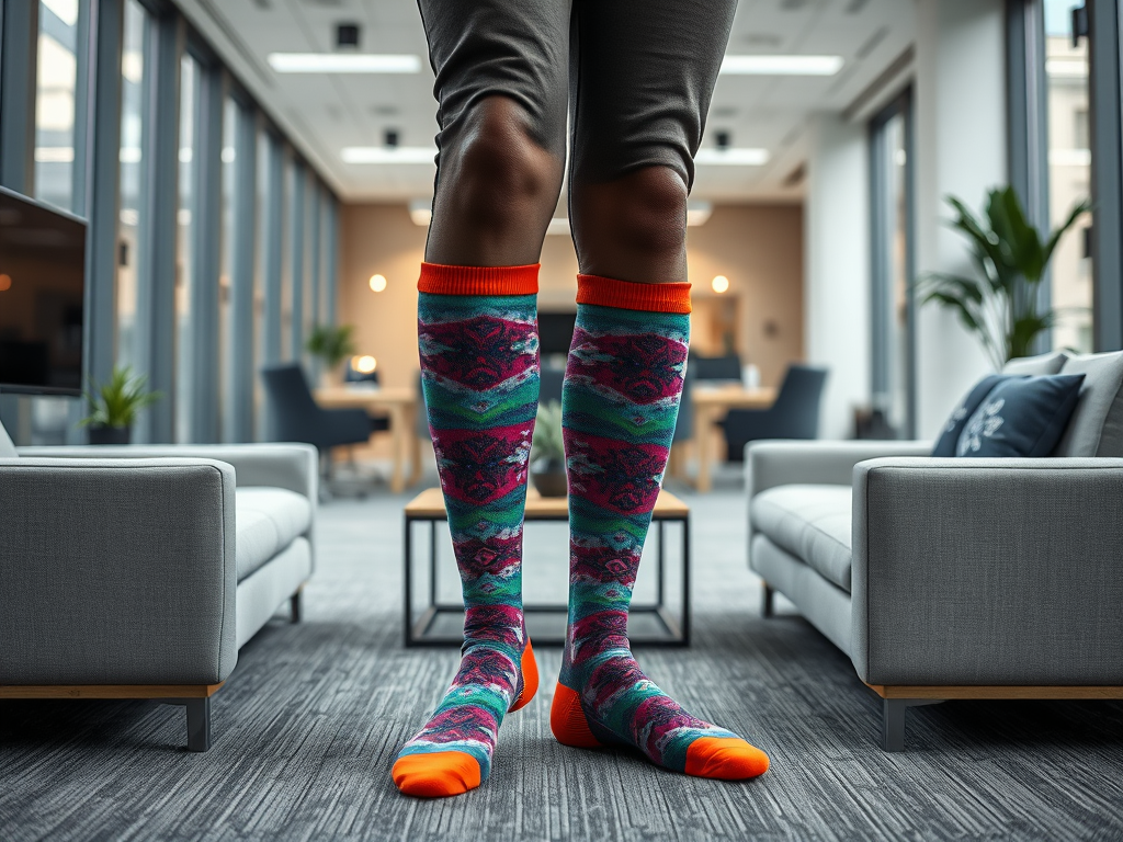 A person stands in colorful knee-high socks with geometric patterns in a modern office setting.