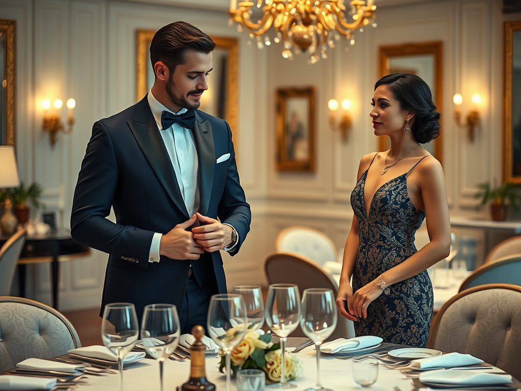 A man in a tuxedo and a woman in a stylish dress share a moment at a beautifully set dinner table.