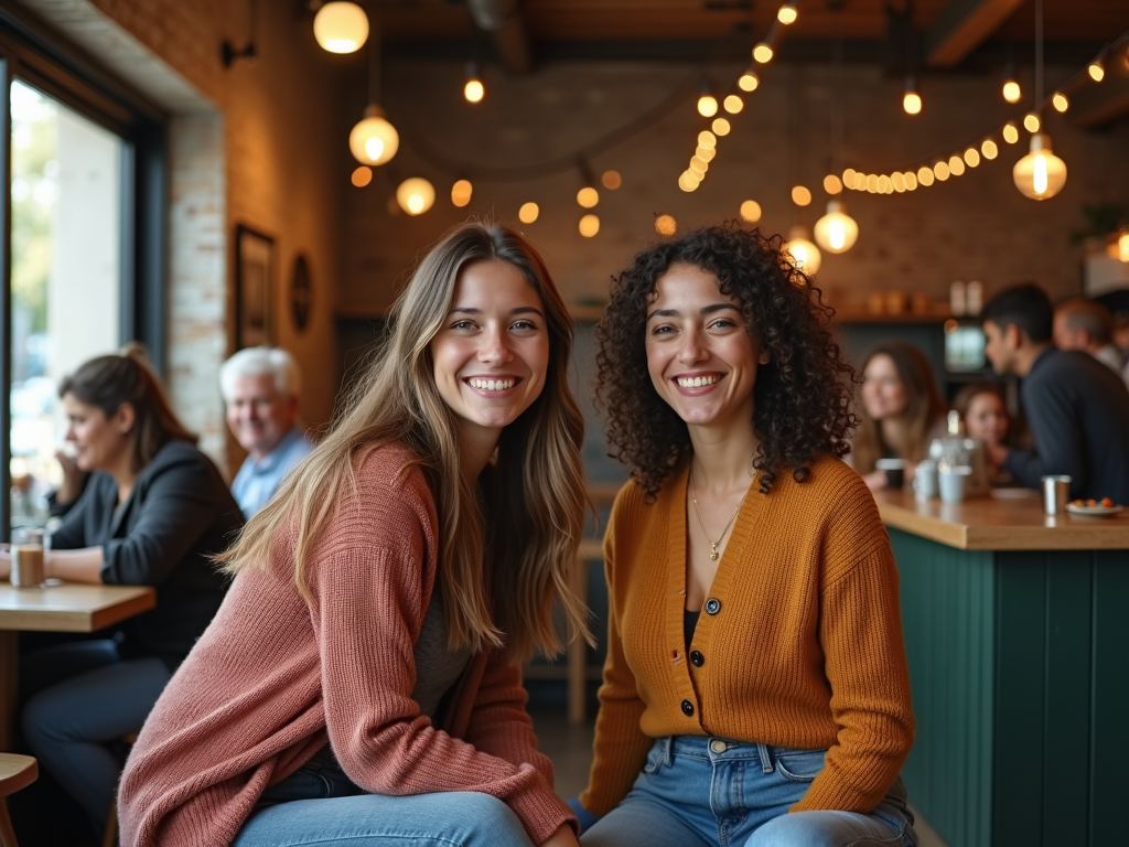 Two smiling women sitting at a cafe with festive lights and patrons in the background.