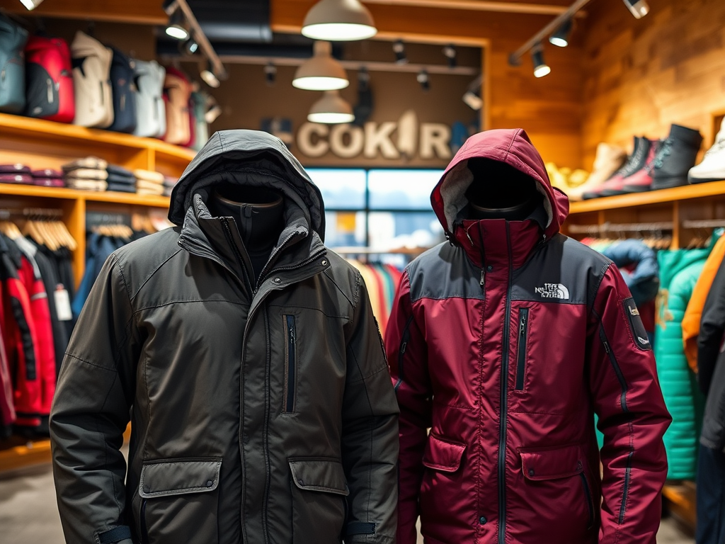 Two mannequins dressed in winter jackets, one in dark gray and the other in maroon, inside a clothing store.