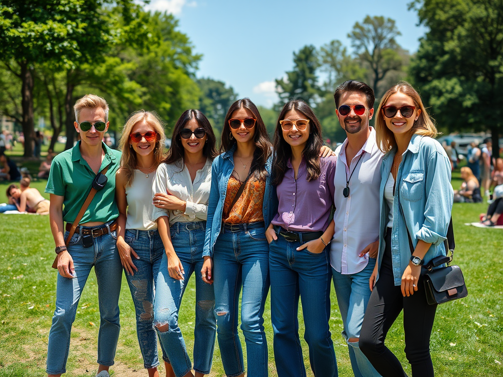 A group of eight friends poses together, wearing sunglasses and casual outfits in a sunny park setting.