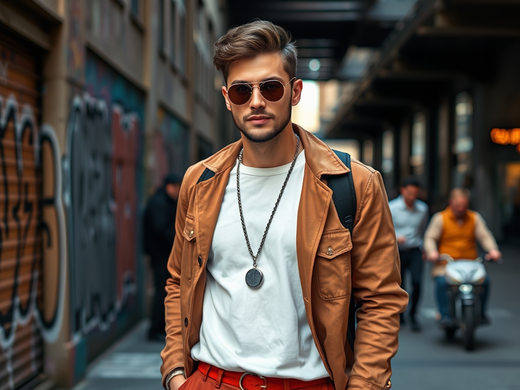 A stylish young man in sunglasses and a brown jacket poses in an urban setting with graffiti and pedestrians.