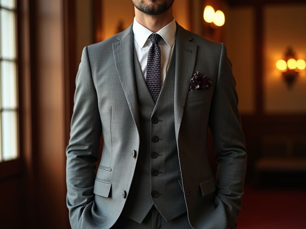 Man in a gray suit with waistcoat, floral pocket square, and tie, in a well-lit room.