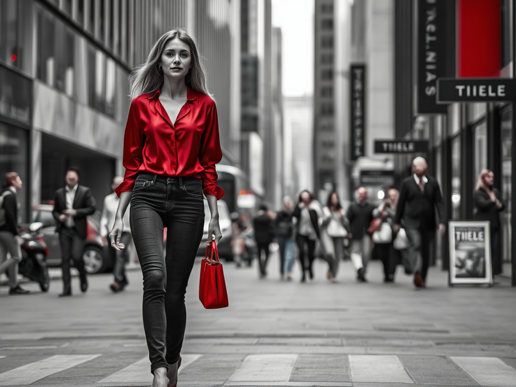 A woman in a red shirt walks confidently among pedestrians in a busy city street, with a red handbag in hand.