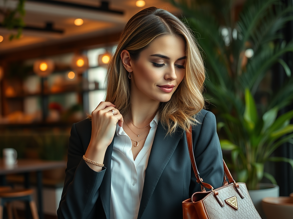 A woman with blonde hair in a blazer holds a handbag, smiling softly in a modern café setting.