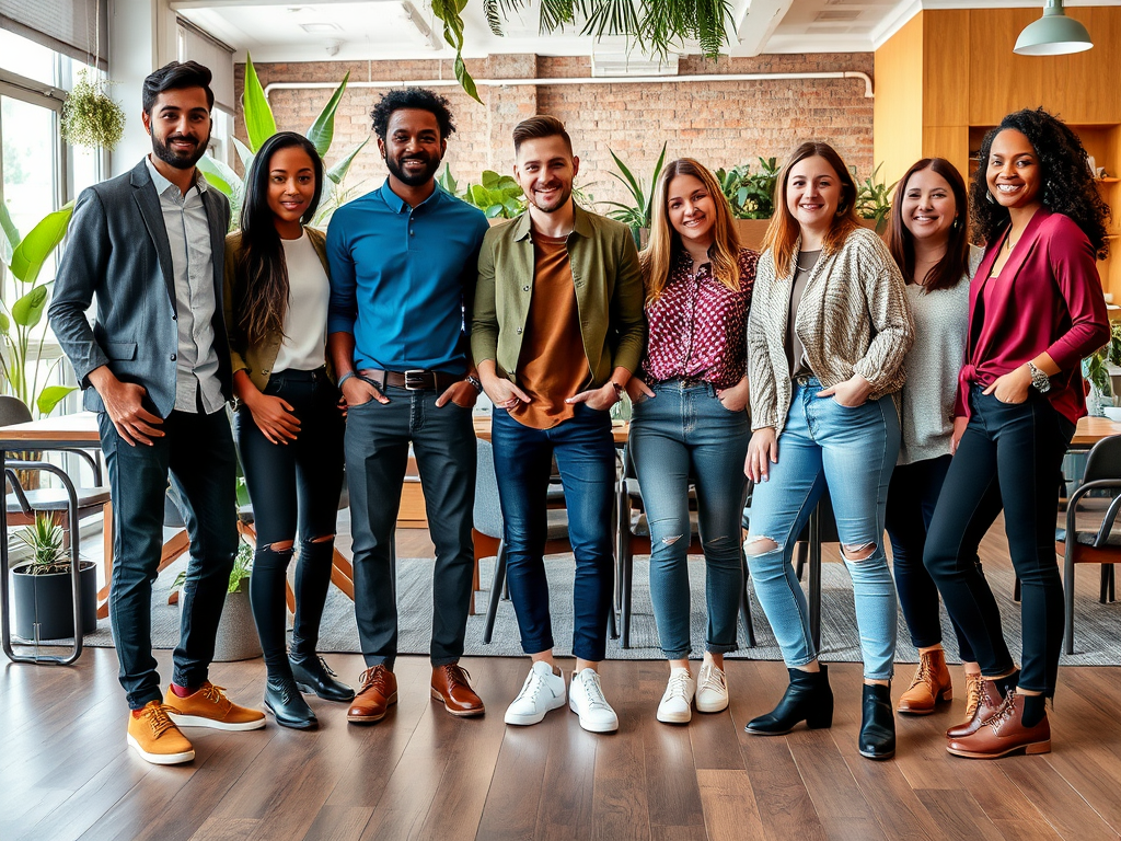 A diverse group of eight young adults posing together in a stylish indoor setting with plants and modern decor.