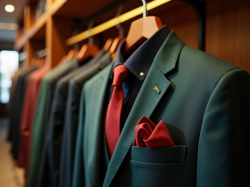 Row of elegant suits with ties and a pocket square on display in a boutique.