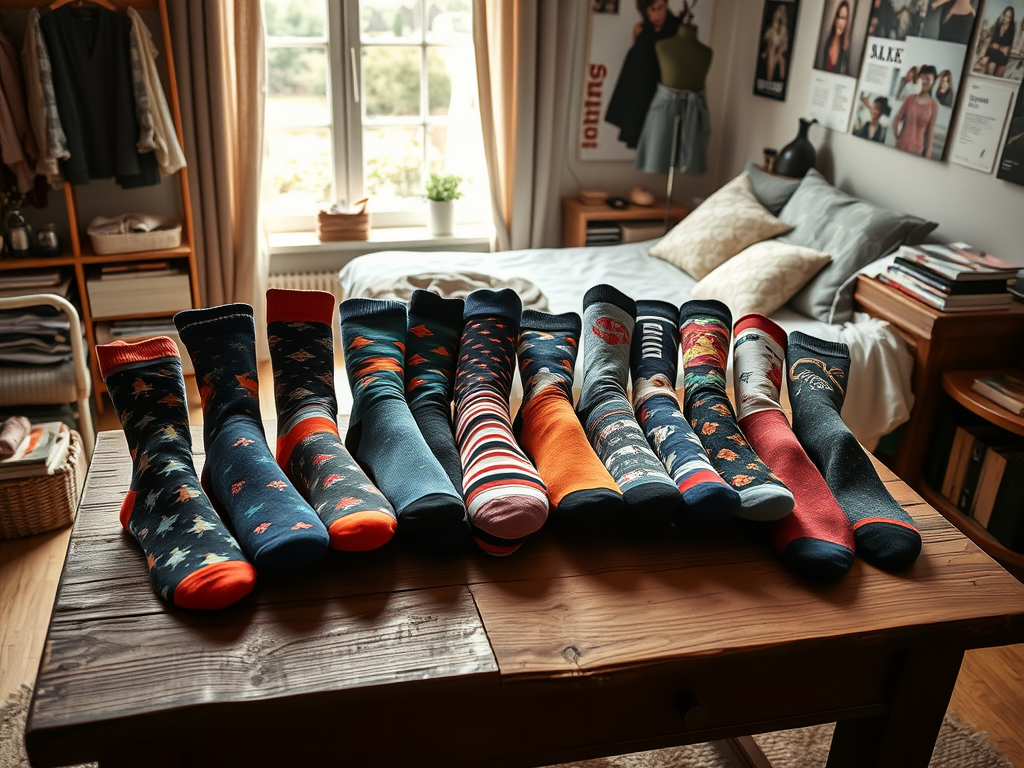 A variety of colorful socks laid out on a wooden table, with a cozy bedroom in the background.