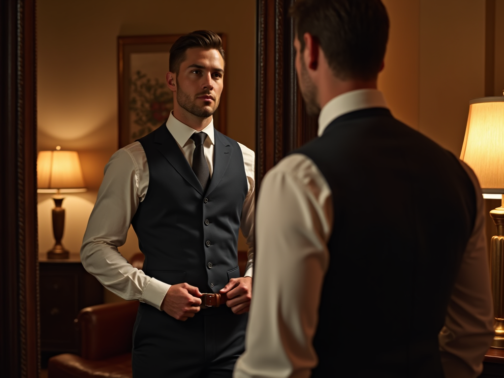 Man in suit adjusts his vest while looking at his reflection in a mirror in a warmly lit room.