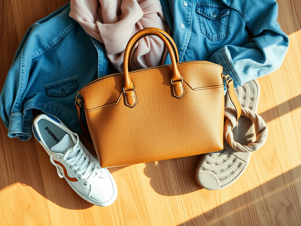 A stylish outfit featuring a denim jacket, a brown handbag, white sneakers, and a soft scarf on a wooden floor.