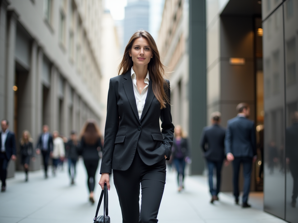 Confident businesswoman walking in a bustling city street, holding a bag, surrounded by people.